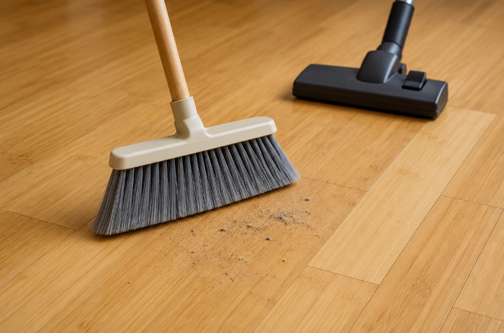 Sweeping dust from bamboo flooring with broom and vacuum cleaner