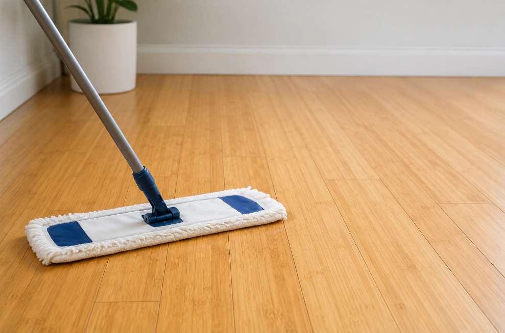 Microfiber mop cleaning engineered bamboo flooring in a modern home