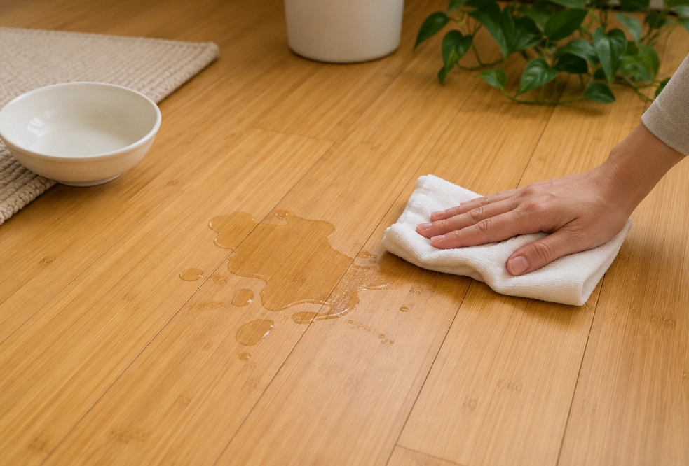 Cleaning spill from bamboo hardwood flooring with soft cloth